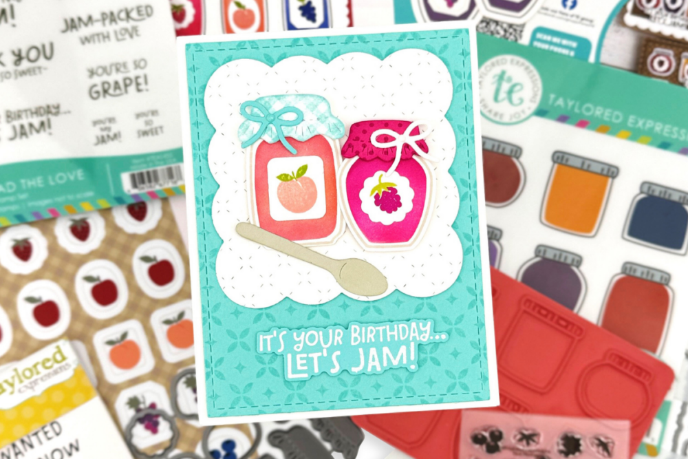 Birthday card featuring two jar illustrations (peach and berry) with ribbons, a beige spoon, on a white scalloped panel over a turquoise patterned background; text reads, "It's your birthday... Let's jam!"
