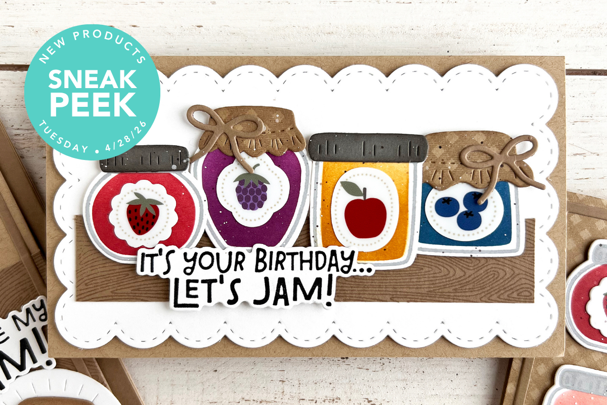 Birthday card with four jam jar illustrations and the phrase 'It's your birthday... Let's jam!'