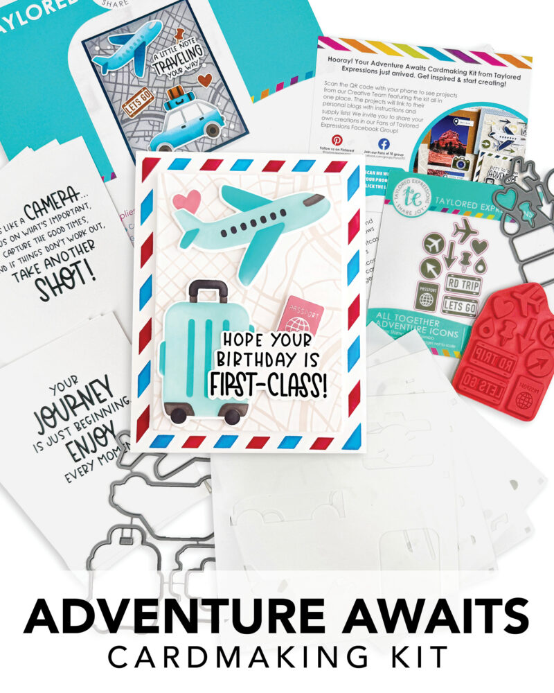 Collage of travel-themed cardmaking kit pieces, featuring airplane illustrations, passport, suitcase, and colorful borders with bold text promises.