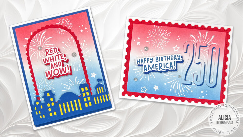 Two patriotic greeting cards with fireworks and a blue–red gradient, one readout says 'Red, White and Wow!' over a city skyline.
