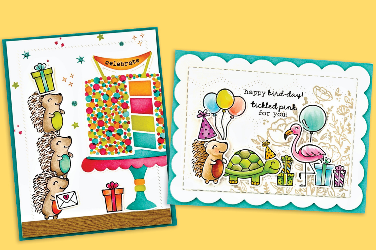 Two colorful birthday cards featuring cheerful animals, gifts, balloons, and a confetti cake scene on bright teal backgrounds.