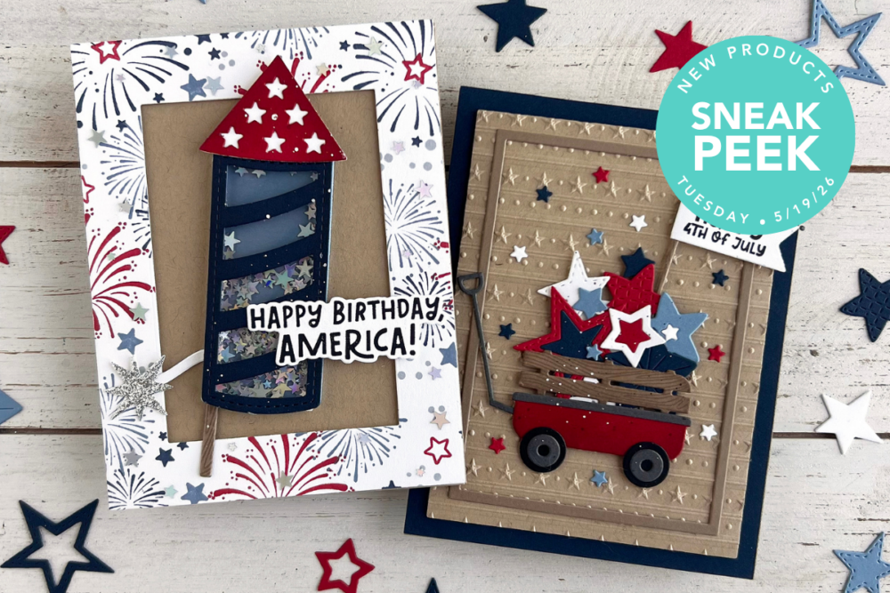 Two patriotic handmade cards on a light surface: left card features a red-star roof tower with a 'Happy Birthday America!' banner; right card shows a red wagon with stacked stars on a beige panel. A teal 'Sneak Peek' badge overlaps the corner.