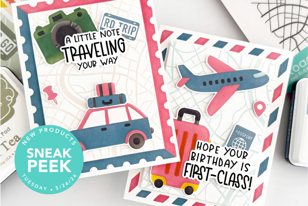 Travel-themed greeting cards with illustrations of a camera, car and airplane, and bold birthday messages read 'A little note traveling your way' and 'Hope your birthday is first-class'.