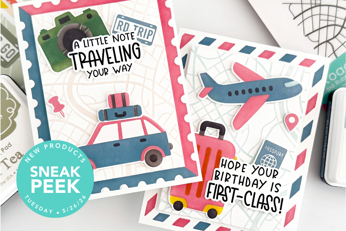 Travel-themed greeting cards with illustrations of a camera, car and airplane, and bold birthday messages read 'A little note traveling your way' and 'Hope your birthday is first-class'.