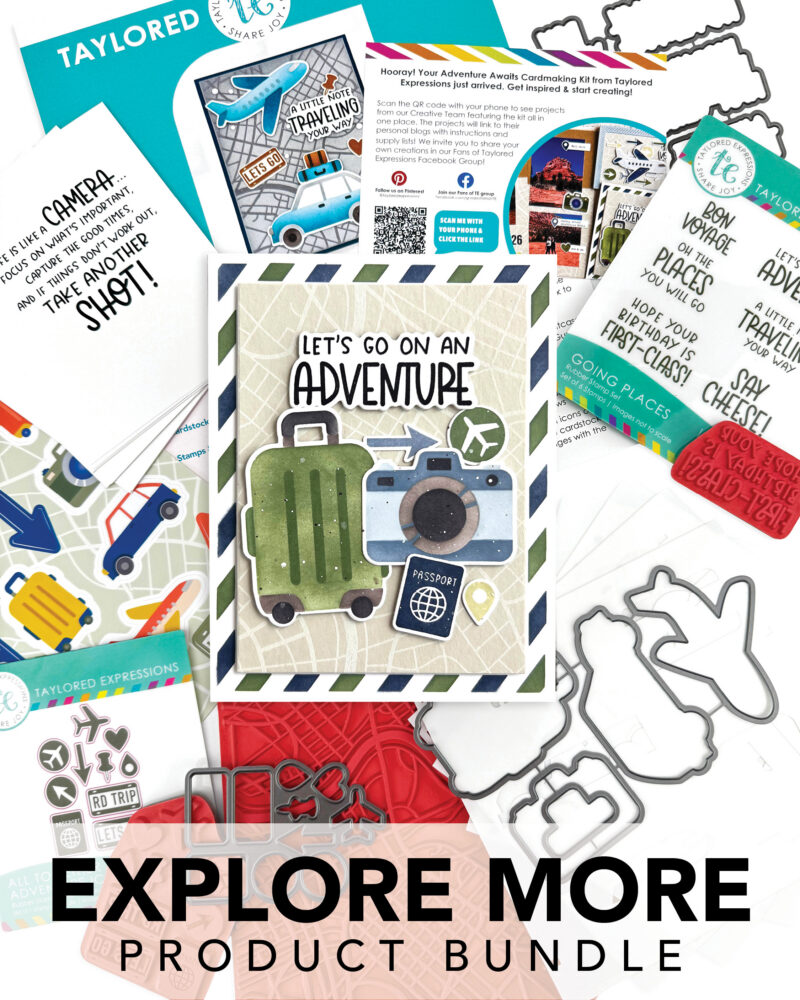 Collage of travel-themed cards and stickers advertising a product bundle called 'EXPLORE MORE' with luggage icons and passport imagery