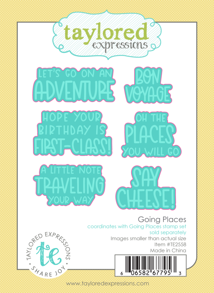 Travel-themed decorative shapes with teal text and pink outlines showing phrases like 'Let's go on an adventure', 'Bon voyage', 'Hope your birthday is first-class!', 'Oh the places you will go', 'A little note traveling your way', and 'Say cheese!'