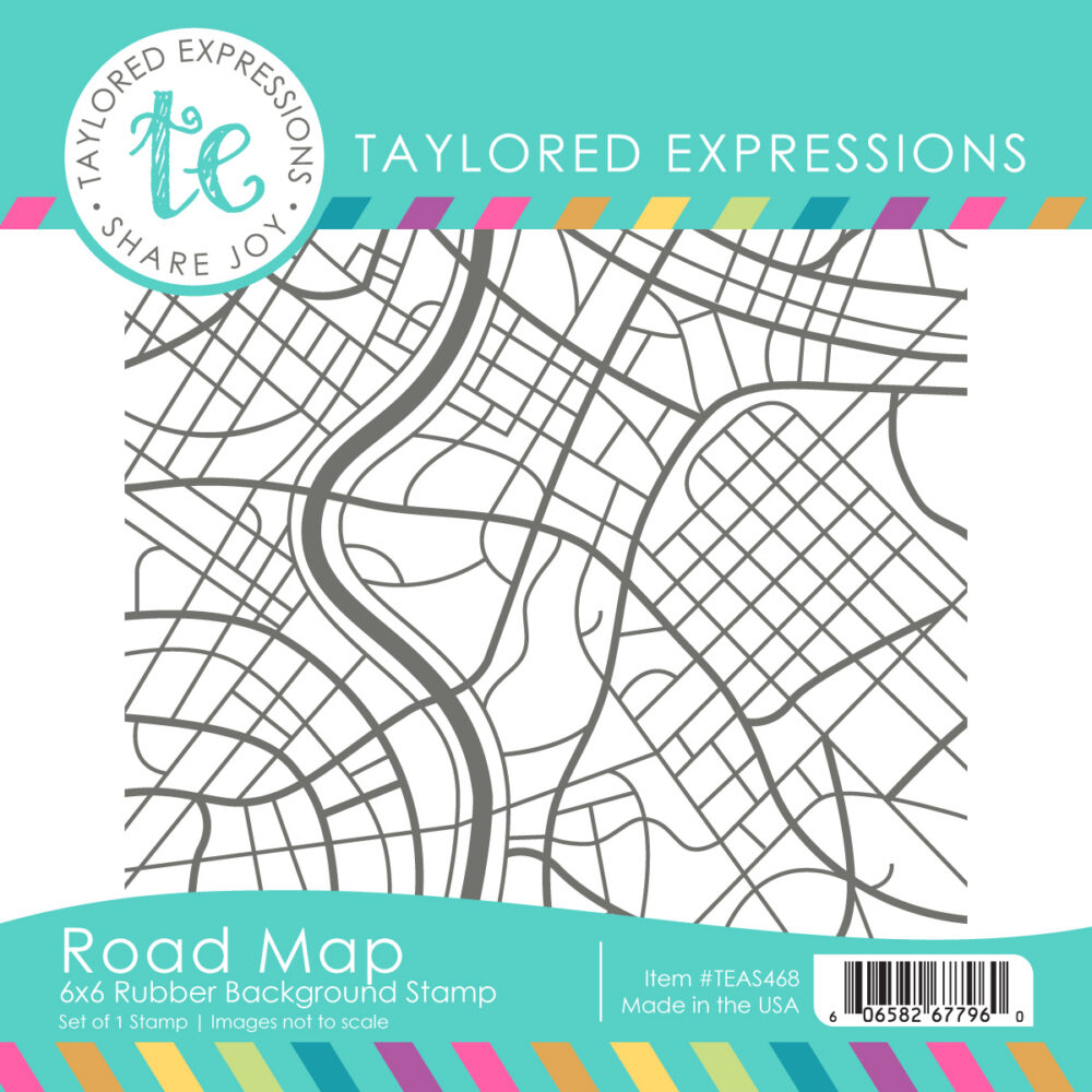 Road Map 6x6 rubber background stamp by Tailored Expressions; grayscale map pattern with roads, teal header, colorful border.