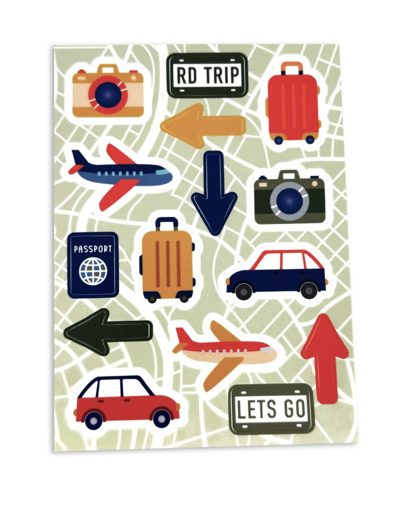 Colorful travel stickers on a map background featuring a camera, passport, suitcases, airplane, car, and arrows.