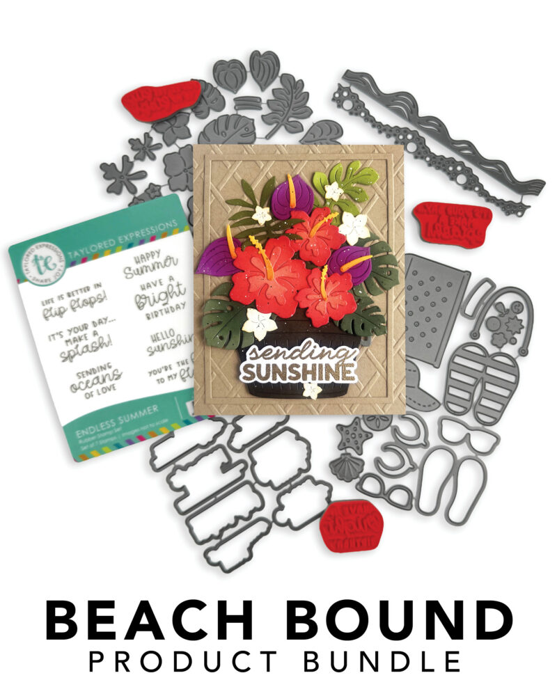Colorful scrapbook kit with a flower card and scattered metal dies on white background; text “Beach Bound Product Bundle” visible at bottom.