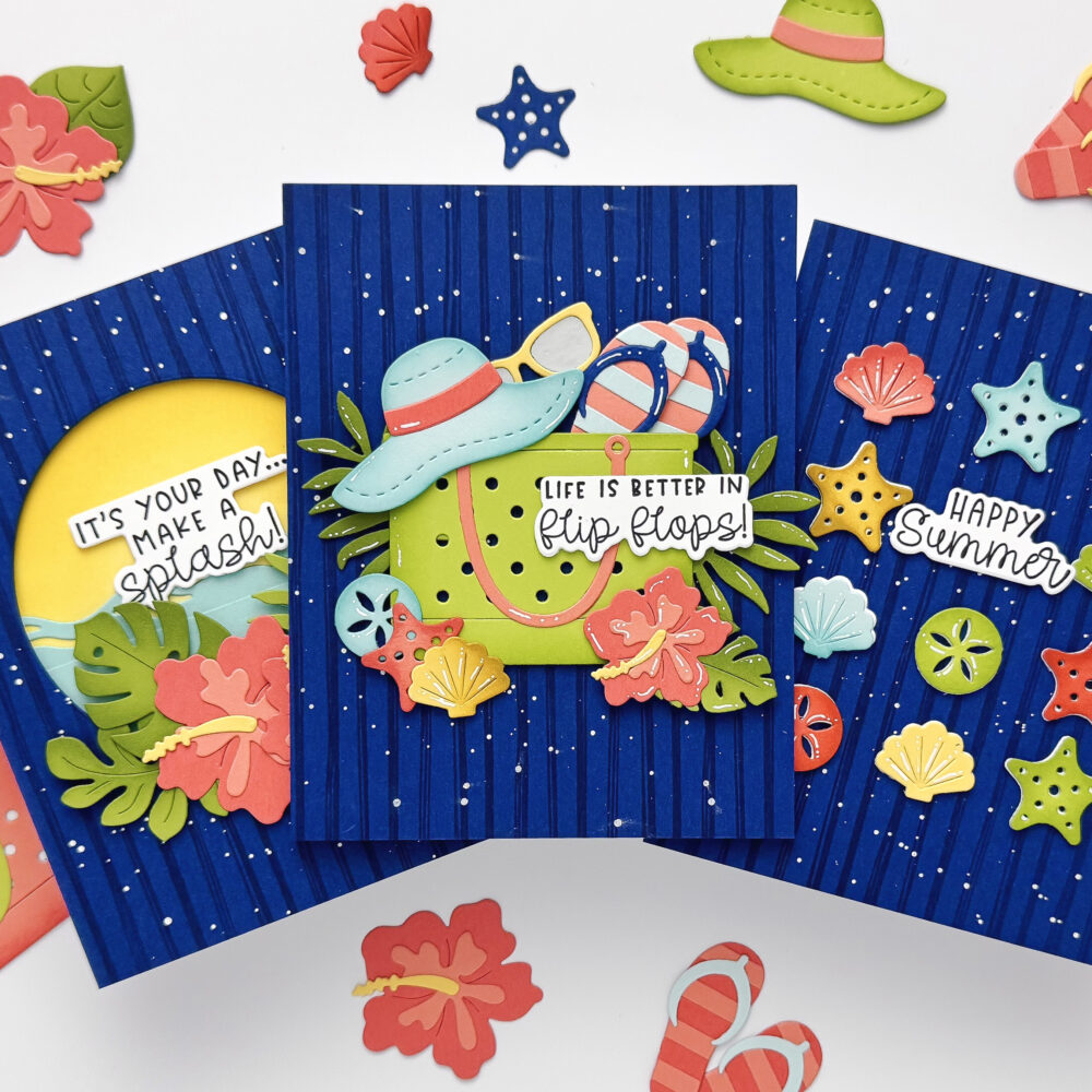 Bright summer collage with a blue striped panel, hibiscus flowers, leaves, starfish, and flip-flops made from cut paper diffrently layered shapes.