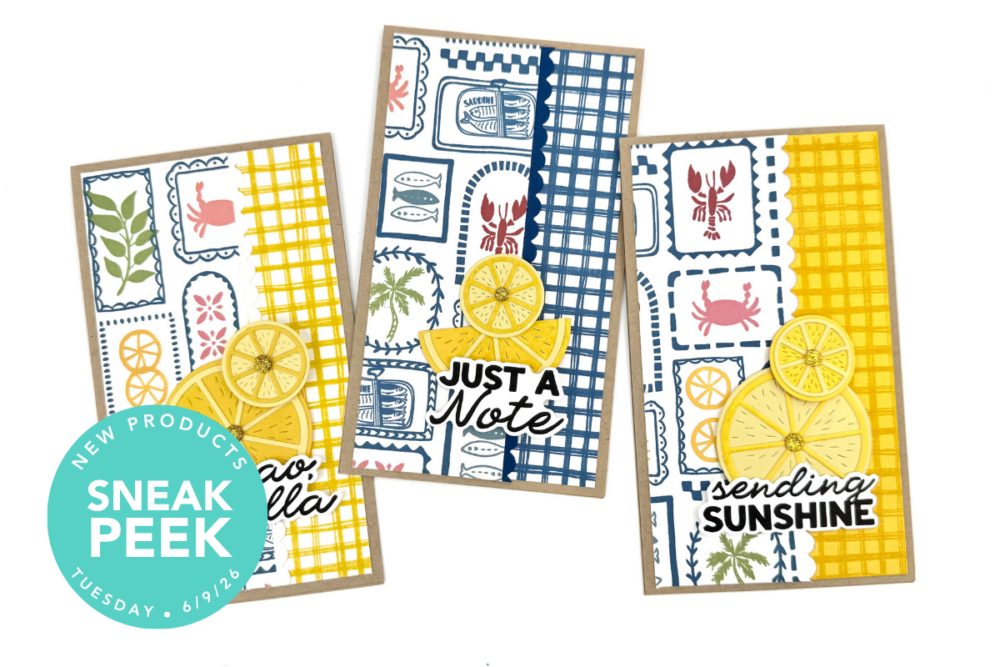 Set of three decorative notecards with lemon slices and blue-yellow patchwork patterns; middle card reads 'Just a Note' and right card says 'sending Sunshine'.