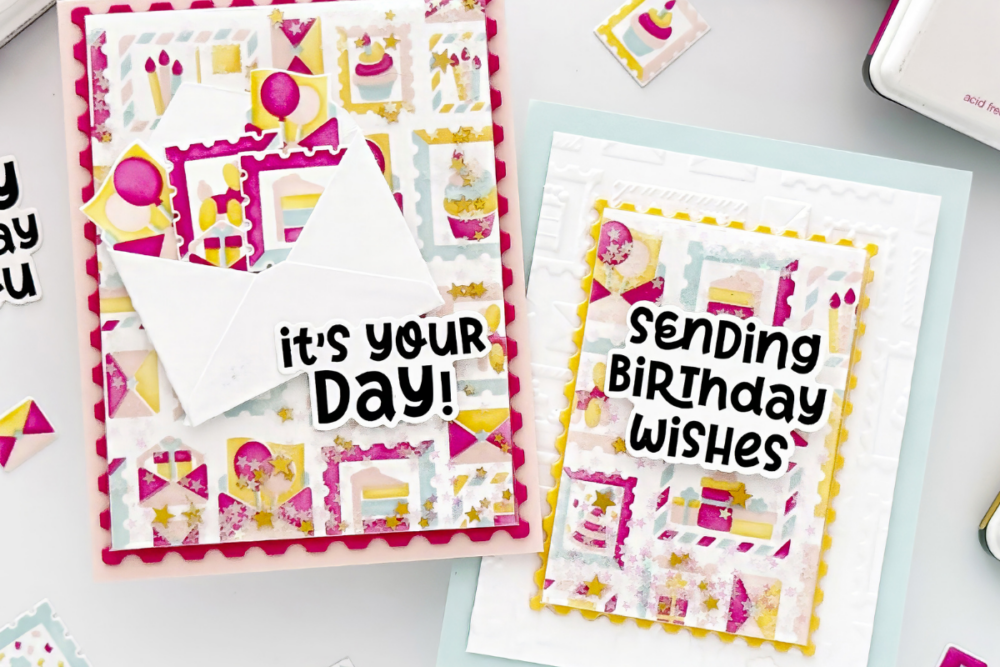 Colorful birthday cards with bold black text: 'it's your day!' and 'Sending birthday wishes' on patterned backgrounds with an envelope motif.