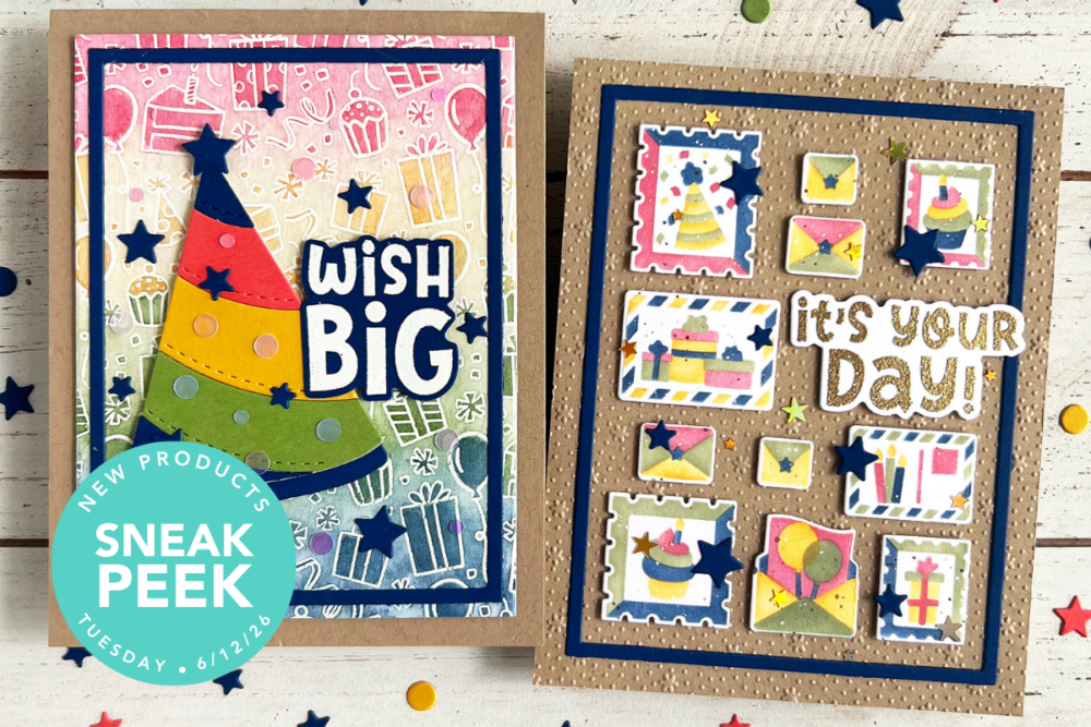 Two handmade birthday cards on a wooden surface; left shows a colorful stacked-tree design with 'Wish Big'; right features postage-stamp panels and 'it's YOUR Day!' text.