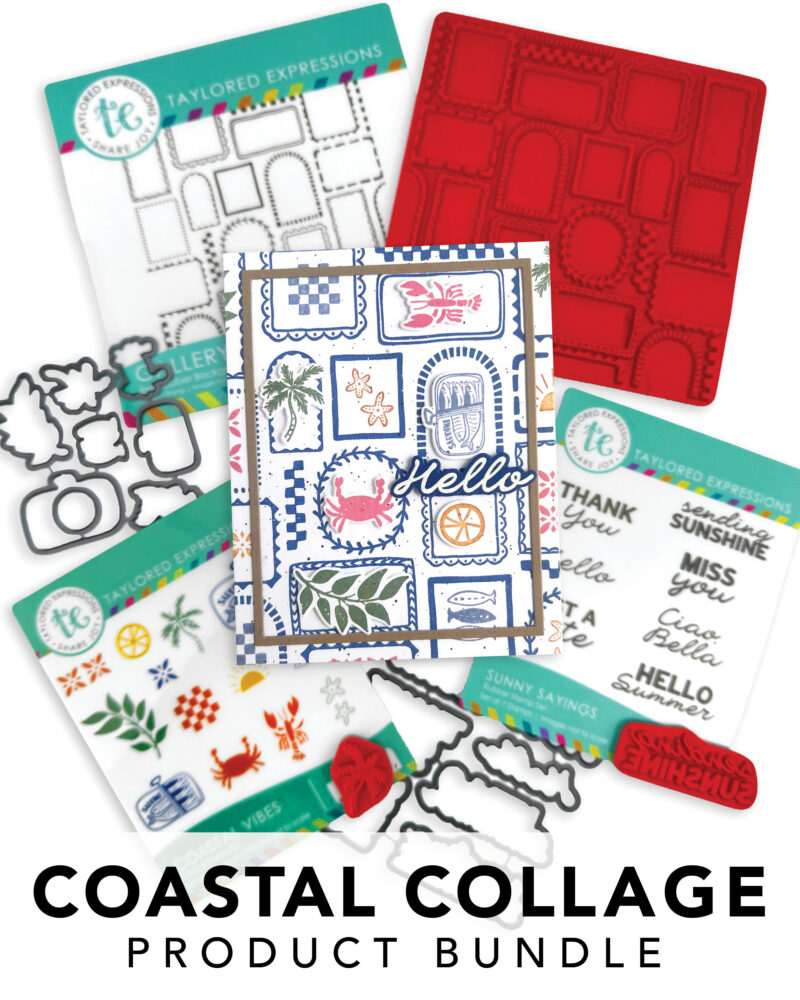 Colorful coastal collage of scrapbooking cards and stamps arranged in a layered composition, with bold text reading 'Coastal Collage Product Bundle'.
