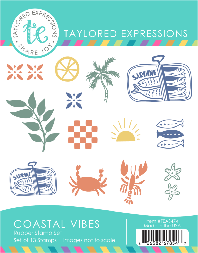 Coastal Vibes rubber stamp set (13 stamps) with beach and sea motifs: sardine can, sun, palm tree, leaves, starfish, crab, lobster, fish silhouettes, lemon slice, checker pattern, floral motifs and other decorative elements.