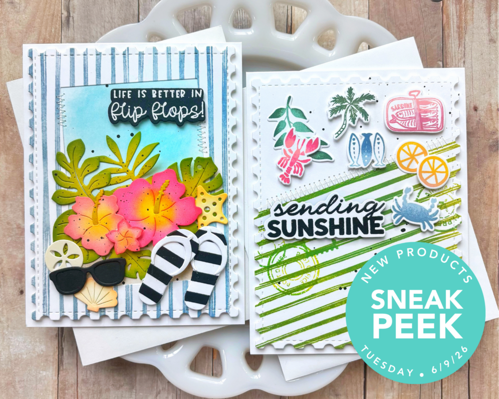 Two decorative scrapbook pages with tropical flowers, stickers, and phrases like 'Life is better in flip flops' and 'Sending sunshine' on a wood surface, with a teal 'Sneak Peek' badge overlay.