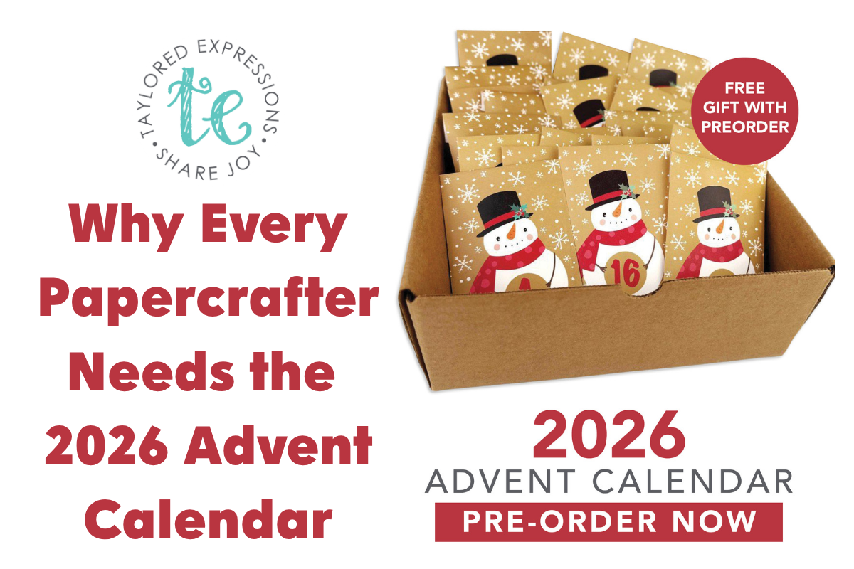 Why Every Papercrafter Needs the 2026 Advent Calendar with snowman-themed calendar packets and a preorder badge on the right side, plus the logo at top left.