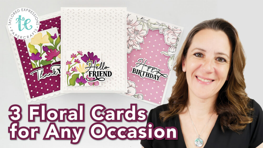 Smiling woman beside a fan of floral greeting cards and a round logo in the corner; bold text reads '3 Floral Cards for Any Occasion'.