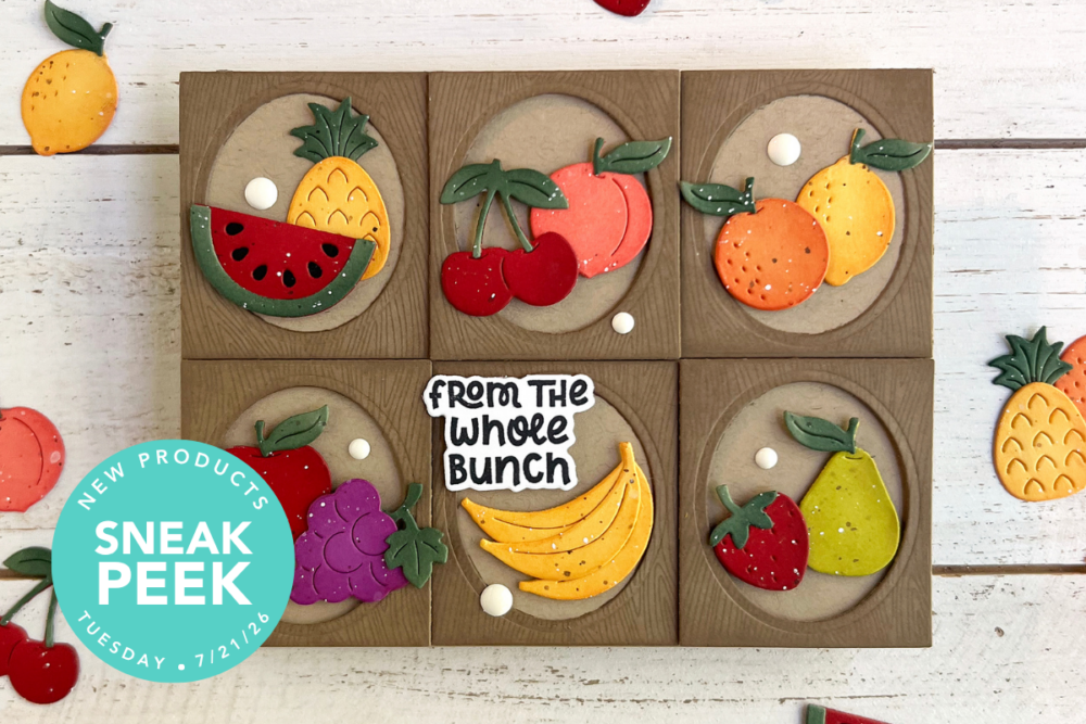 Six wooden puzzle tiles forming a 2x3 grid, each with colorful fruit silhouettes (watermelon, pineapple, cherries, orange, banana, grapes, strawberry, pear) on a light wooden background with a 'From the Whole Bunch' badge.