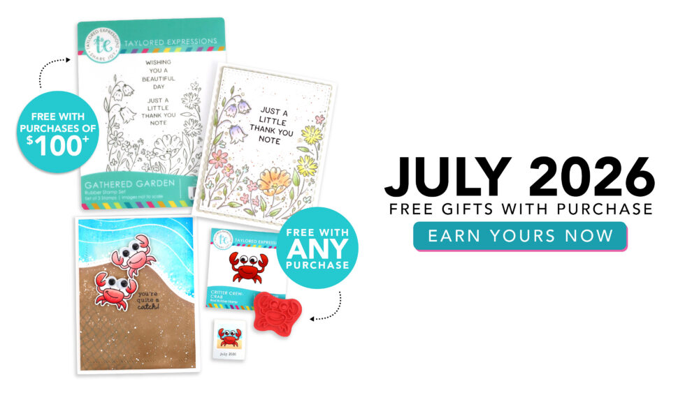 Promotional banner: large 'July 2026' text with 'Free gifts with purchase' and teal badges featuring product images like cards and stamps on the left.