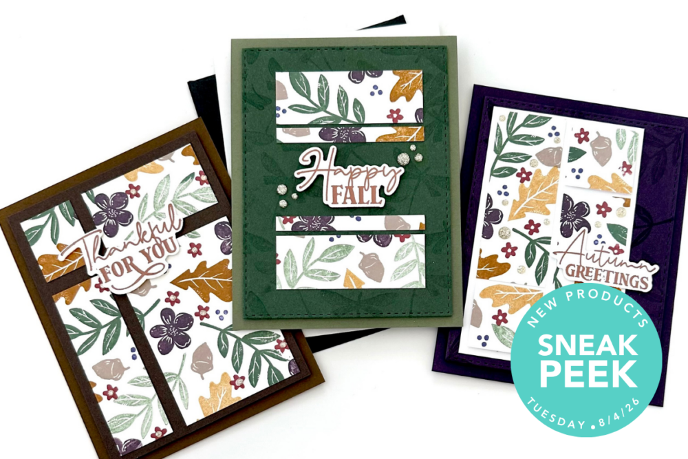 Three handmade autumn greeting cards with leafy floral patterns and decorative panels; a teal ‘Sneak Peek’ badge overlaps one card (promo image).