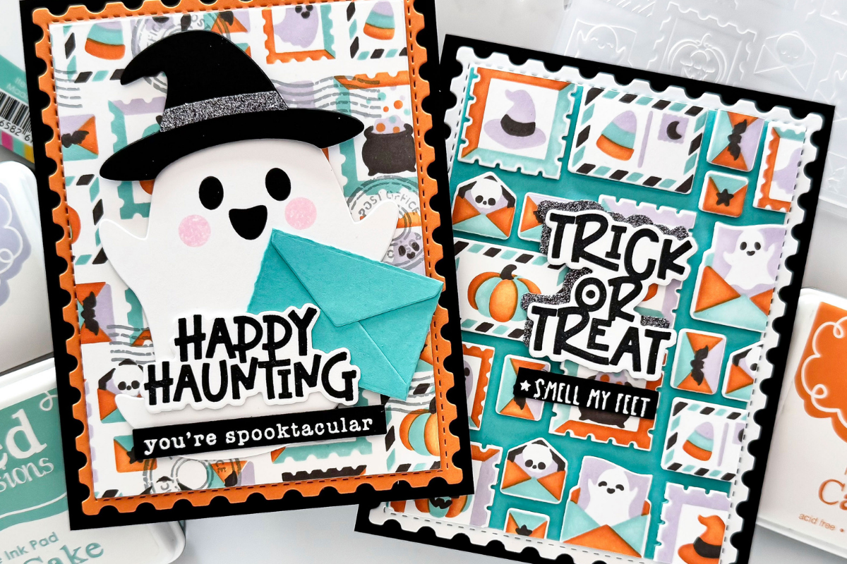 Two Halloween greeting cards featuring a smiling ghost, teal envelope, and bold black text: 'Happy Haunting' and 'you're spooktacular' on an orange stitched frame backdrop.