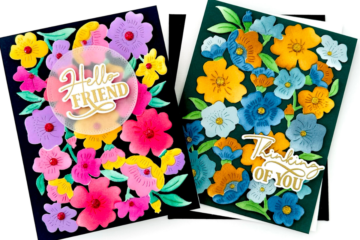 Two bright floral greeting cards on dark backgrounds, featuring layered paper flowers; one reads 'Hello Friend' and the other 'Thinking of You'.