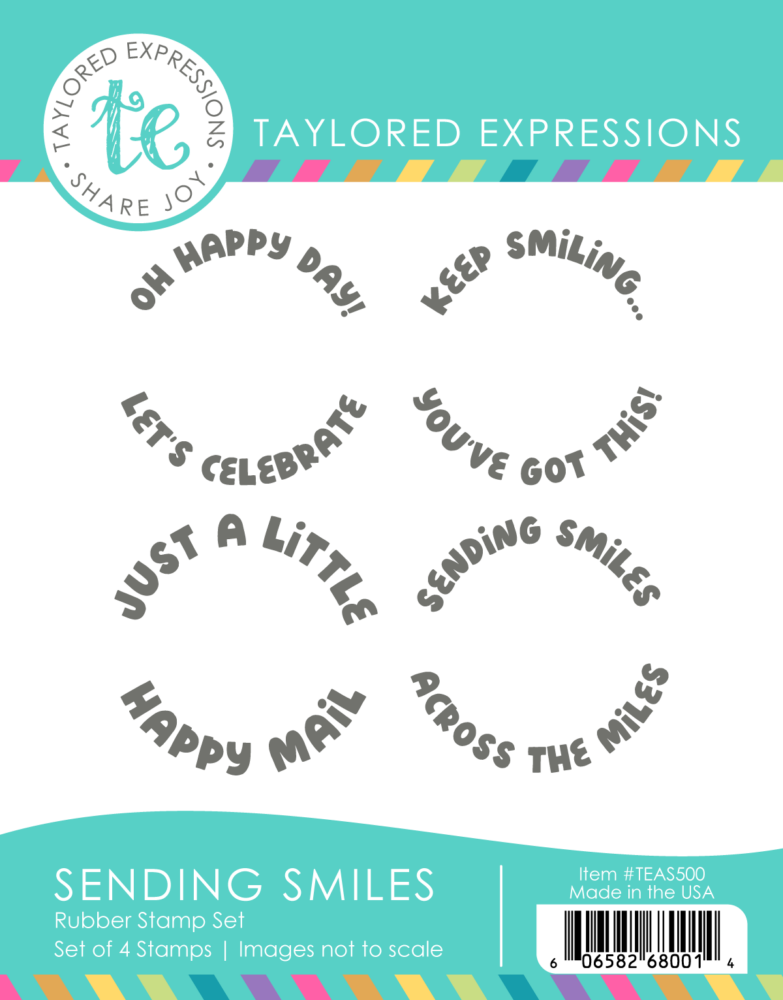 Sending Smiles rubber stamp set on white background, six circular stamps with curved phrases (Oh Happy Day!, Keep Smiling, Let's Celebrate, You've Got This!, Just a Little, Sending Smiles) and teal branding at top.