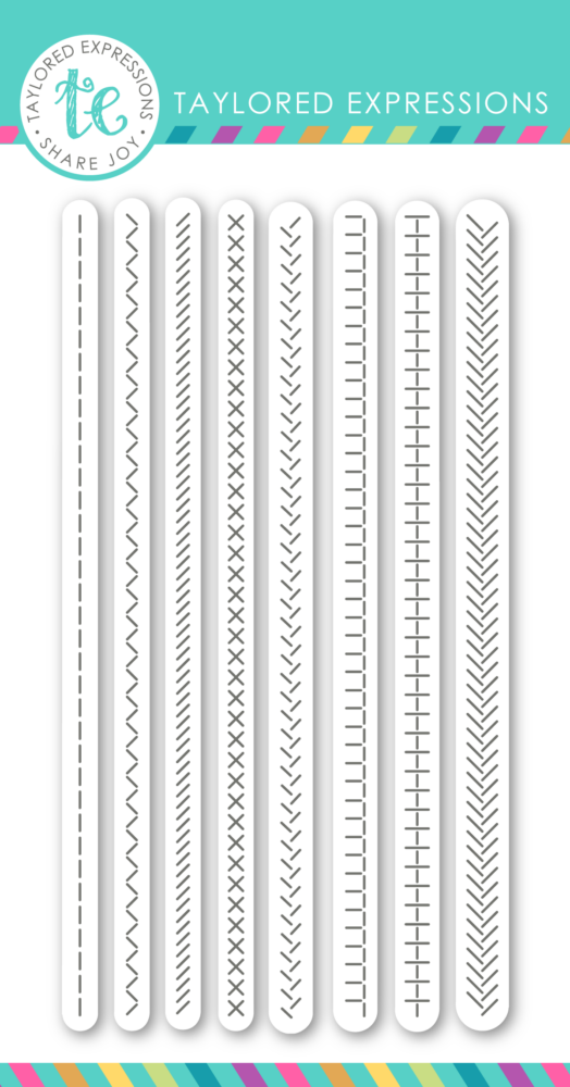 Vertical sewing stitch samples displayed as white rounded tabs in a row, with Tailored Expressions branding at the top.