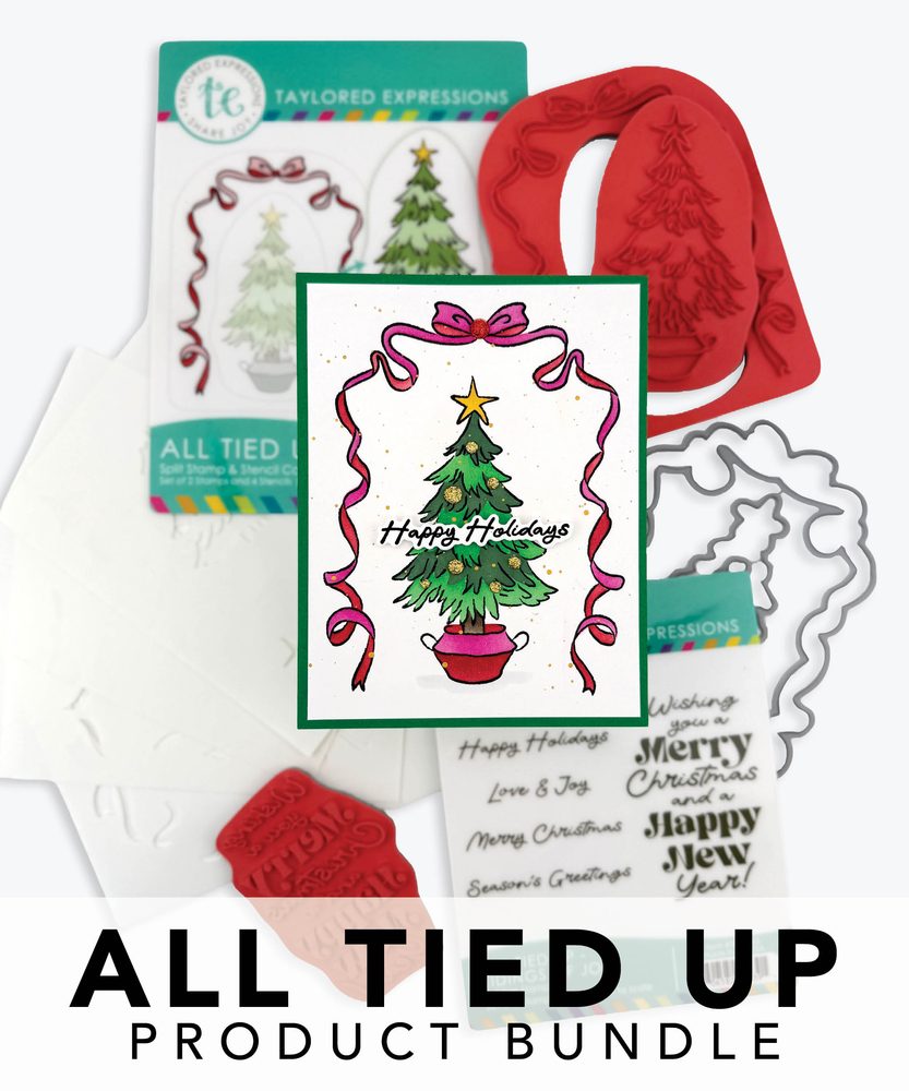 Taylored Expressions All Tied Up product bundle featuring Christmas tree and ribbon stamps, stencils, coordinating dies, and a handmade holiday card.