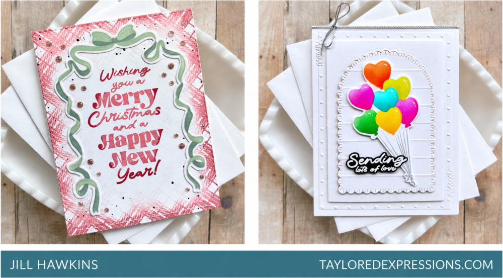 Handmade Christmas and birthday cards featuring festive bows and colorful designs.