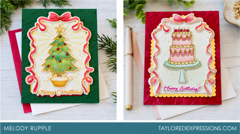 Two handmade cards by Melody Rupple featuring Taylored Expressions' All Tied Up collection: a Christmas tree on a green card and a pink birthday cake on a red card, both framed with colorful ribbons.