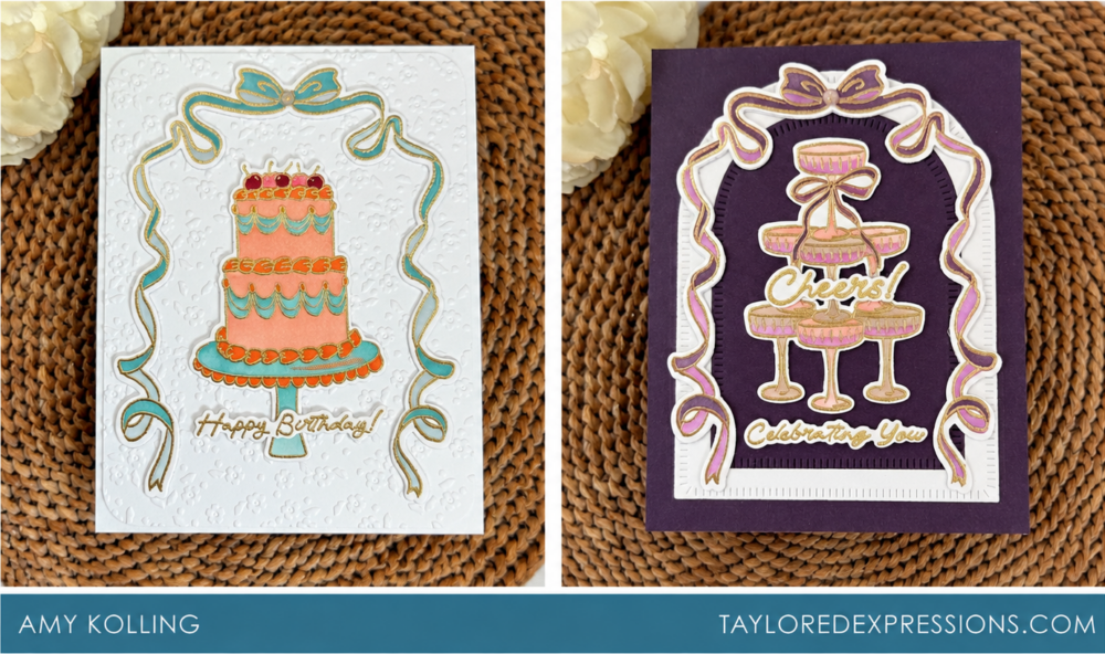 Two handmade celebration cards featuring a birthday cake and champagne glasses with gold-accented ribbon frames.